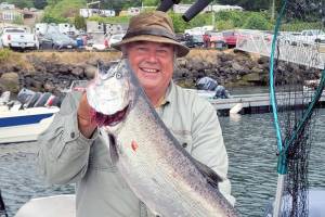Steve Hazard of Angler's Hideaway in Sekiu reeled in this quality hatchery chinook while fishing Sunday morning in Marine Area 5.