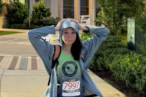 Photo courtesy of Turella family / Sequim's Clare Turella celebrates a 17th place finish in the high jump at the USA Track & Field National Junior Olympic Championships in Texas on July 25.