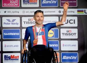 Barry Wilcox winning his bronze medal at the para-cycling world championships in Glasgow, Scotland in 2023. (Casey Gibson/USOPC)