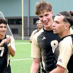 Rick Ross/Peninsula College Athletics
Peninsula's Pau Vivas, right, is congratulated by teammates Angel Sandoval and Julius Koelle after scoring one of his three goals during the Pirates' 7-0 win over Portland.