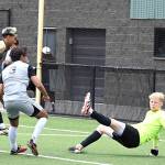 Rick Ross/Peninsula College Athletics
Peninsula's Nils Grau, far left, celebrates before the ball crosses the goal line as teammate Ezrah Ochoa, third from left, looks on during the Pirates' 7-0 win over Portland.