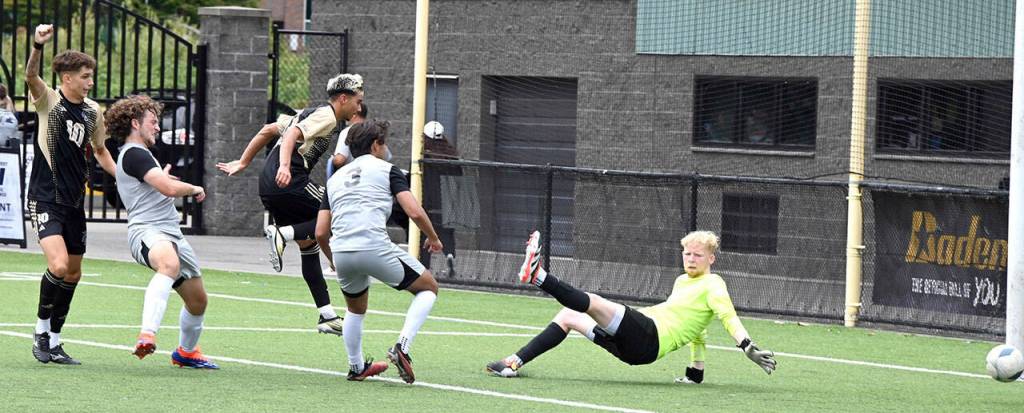 Peninsulas Nils Grau, far left, celebrates before the ball crosses the goal line as teammate Ezrah Ochoa, third from left, looks on during the Pirates 7-0 win over Portland.
Rick Ross/Peninsula College Athletics