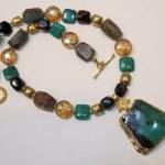 A chrysoprase, 24-karat gold, vermeil and apatite necklace by Judith Komishane at Gallery 9.