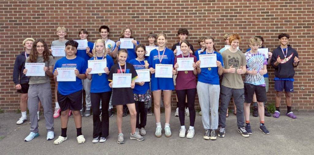 Nearly two dozen Port Townsend High School and Blue Heron Middle School students wrapped a summer of five-times-a-week weight training and beach conditioning sessions with five-time national bench press champion Brooks Kubik. From left, Kaleb Kruse, Asher Little, Silas Morford, Luke Ohara, Layton Lopeman, Django Lynge, Bryce Harbin, Grady White, Rylen Kruse, Levi Donahue, Manaseh Lanphear Ramirez. Front row from left to right: Victor Paz, Carlos Diaz, Grace Ayer, Maddie Vanags, Mi Amada Lanphear Ramirez, Ursula Schmidt, Zinnia Blatchley, Natalie Hollow-Bist, Finn Evans and Robin Evans. Not pictured: Simon Klontz and Jonah Temple.