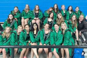 The Port Angeles girls swim and dive team competed at the Olympic League Jamboree on Wednesday. Top row from left, Lilly Mahaney, Grace Kathol, Grace Williams, Ana Kay-Sanders, Sally Kasten, Dorothy Fetterman, Charlie Logue, Mallory Hartman; middle row: Lucy Townsend, Danika Asgeirsson, Amayah Nelson, Chloe Kay-Sanders, coach Sally Cole and bottom, Mia Francis, Bella Sains, Shavari Epps, Damun Seera, Lizzy Shaw, Lynzee Reid and Brooke St. Luise.