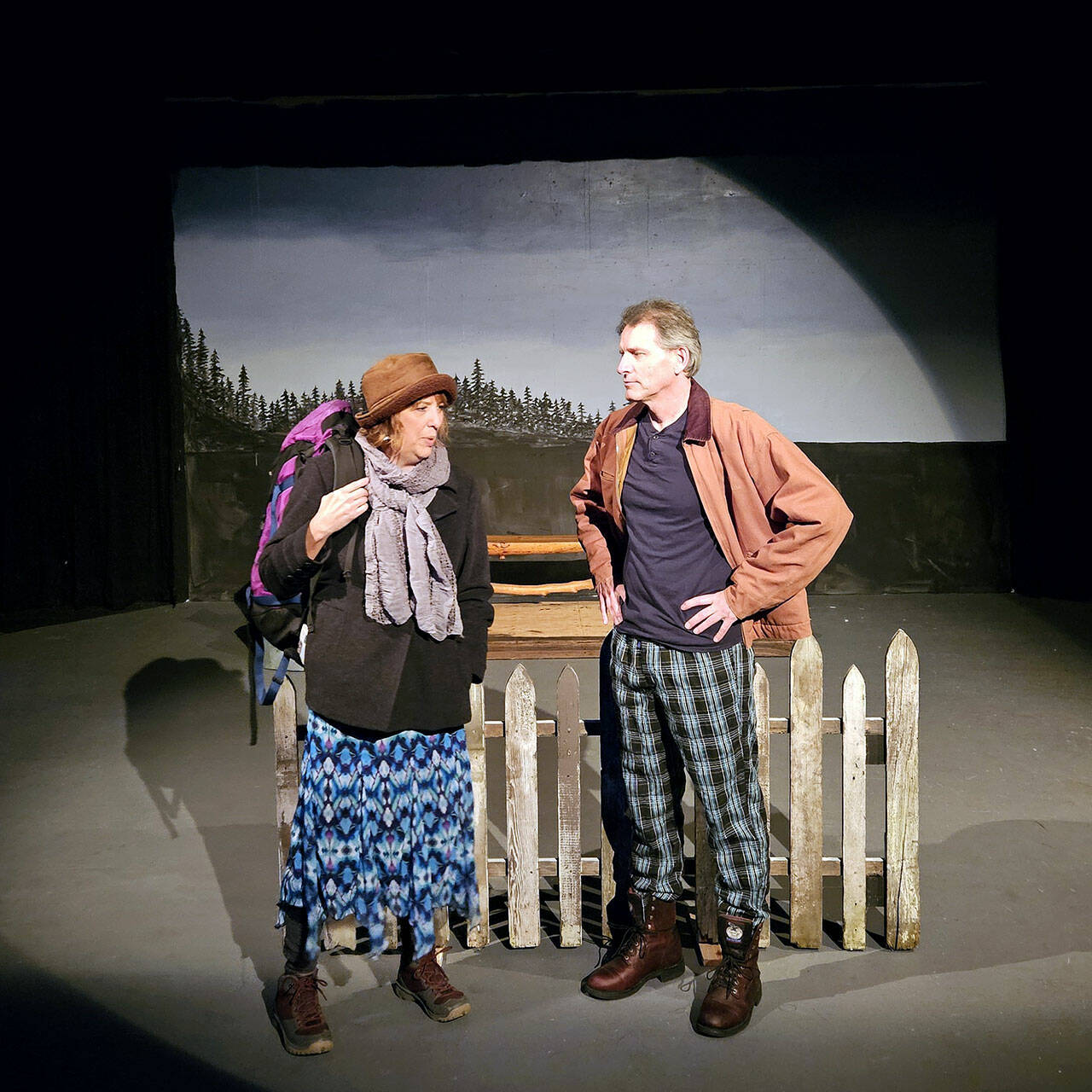 Rebecca Gilbert, left, and Rick Mischke, both of Port Angeles, at a recent rehearsal of a scene from the play Almost, Maine.