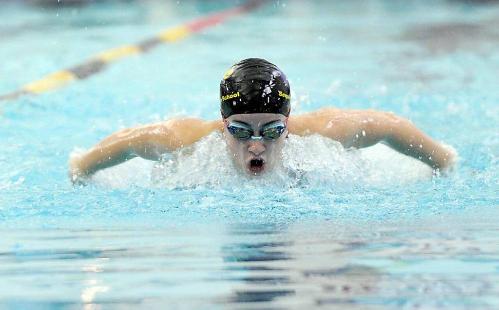 Michael Dashiell/Olympic Peninsula News Group Sequims Ava Shinkle swims the 200-yard individual medley during the Wolves Olympic League swim meet with Port Angeles on Wednesday at the YMCA of Sequim.