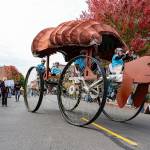 A massive kinetic skulpture called Maxtivitys GLORY-ous Chocolate Turtle from Corvallis, Ore., negotiates a turn on Water Street during the 40th Kinetic Skulpture Parade and Race in downtown Port Townsend on Saturday. (Steve Mullensky/for Peninsula Daily News)