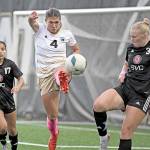 Jay Cline/for Peninsula College Athletics
Peninsula's Shawna Larson, center, concentrates on the ball in front of Skagit Valley's Paige Mason, right, a 2024 Port Angeles High School graduate, and Stephanie Ortiz during the Pirates' 4-1 win Wednesday at Wally Sigmar Field.