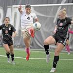 Jay Cline/for Peninsula College Athletics Peninsulas Shawna Larson, center, concentrates on the ball in front of Skagit Valleys Paige Mason, right, a 2024 Port Angeles High School graduate, and Stephanie Ortiz during the Pirates 4-1 win Wednesday at Wally Sigmar Field.