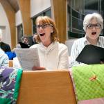 RainShadow Chorale singers Linda Bach, Lisa Hoffman and Jane Hutcheson, all of Port Townsend, rehearse for All Night VIgil. (Karl Perry/RainShadow Chorale)