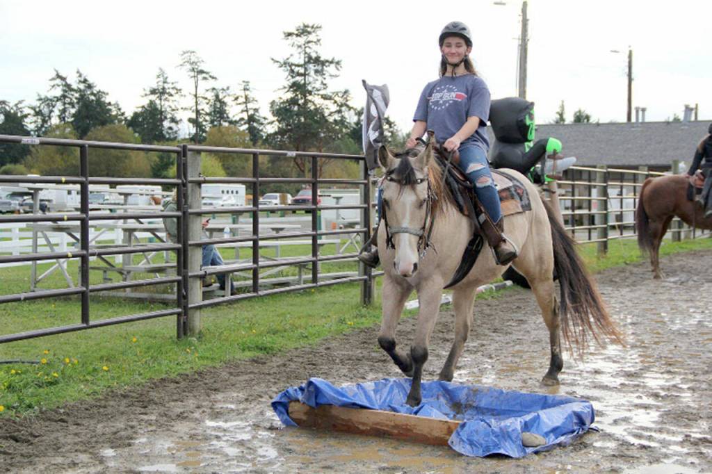 Marley Bishop did a fine job guiding Bucky through a tarp obstacle, making sure all four hooves landed inside the wood frame as he walked through it.