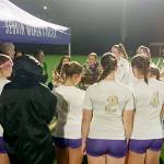 Sequim head coach Haley Hunsaker-Freeman talks with her team before Tuesday nights game at Port Angeles. (Pierre LaBossiere/Peninsula Daily News)