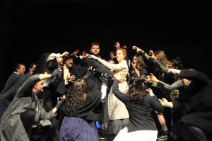 Kyle Bartholick-LeMaire (Sweeney Todd) and Angela Poynter (Mrs. Lovett) join the company for The Ballad of Sweeney Todd at a rehearsal for Sweeney Todd. The show runs through Saturday at Sequim High School. (Matthew Nash/Olympic Peninsula News Group)