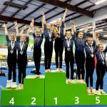 The Klahhane XCEL Bronze team celebrates its first-place finish at the Harvest Fest Gymnastics meet in Mukilteo this weekend. From left are Kinley Matthews, Penny Goodwin, Sasha Gmazel, Addie Brown, Lucy Monaghan, Aubrie Huisman, Nora Pecoraro, Adrie McGuire and Reagan Haguewood. (Klahhane Gymnastics)