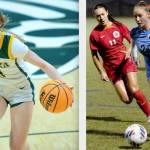 Millie Long, left, and Kyrsten McGuffey, both of Port Angeles, won Great Northern Athletic Conference players of the week last week in basketball and football. (Kyrsten McGuffey (20) scored four goals last week and leads the GNAC with eight this season (Photos by  Stephanie Burgoon, Alaska-Anchorage and Imogene Eagan, Western Washington).