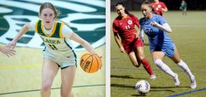 Millie Long, left, and Kyrsten McGuffey, both of Port Angeles, won Great Northern Athletic Conference players of the week last week in basketball and football. (Kyrsten McGuffey (20) scored four goals last week and leads the GNAC with eight this season (Photos by  Stephanie Burgoon, Alaska-Anchorage and Imogene Eagan, Western Washington).