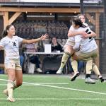 Peninsula College womens soccer players Desiree Dutra (No. 16), Elise Maffeo and Risa Nishida (No. 5) all celebrate Maffeos goal at the end of the first half in the NWAC quarterfinals Saturday at Wally Sigmar Field. Maffeos goal was the only score of the game in a 1-0 Peninsula win. (Jay Cline/Peninsula College)