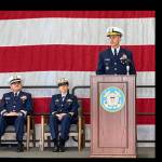 Rear Admiral Charles E. Fosse, right, U.S. Coast Guard District 13 commander, was the guest speaker at the U.S. Coast Guard Station Port Angeles annual Veterans Day celebration on Monday. Chaplain Mike VanProyen, left, and Kelly Higgins, the commanding officer at Coast Guard Air Station Port Angeles, also participated in the ceremony. (Paula Hunt/Peninsula Daily News)
