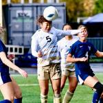 Risa Nishida (5) heads the ball against Bellevue on Sunday at the Starfire Soccer Complex in Tukwila. The Pirates beat Bellevue for their sixth NWAC championship. (Jay Cline/Peninsula College)