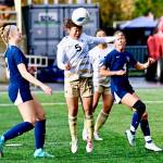 Risa Nishida (5) heads the ball against Bellevue on Sunday at the Starfire Soccer Complex in Tukwila. The Pirates beat Bellevue for their sixth NWAC championship. (Jay Cline/Peninsula College)