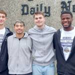 From left, Peninsula College men's soccer players Nil Grau, Ezrah Ochoa, Laurin Lettow and Jeremie Kuelo helped the Pirates win back-to-back championships this season. (Pierre LaBossiere/Peninsula Daily News)