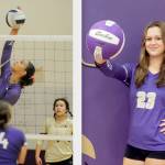 Sequim middle hitter Arianna Stovall made the first team of the All-Olympic squad in volleyball with Libero Tiffany Lam, a second-team member in the background. Stovall consistently led the team in kills this season. Right, Sequim's Kenzi Berglund was named to the first-team All-Olympic squad in volleyball. (Jennie Webber-Heilman)  (Michael Dashiell/Olympic Peninsula News Group)