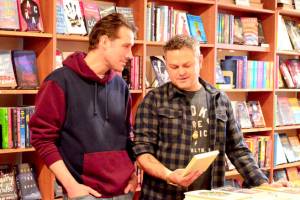 Garrett Jones, left, and John Blomgren plan community events at Port Townsends Imprint Bookshop, which they have just purchased. (Diane Urbani de la Paz/for Peninsula Daily News)