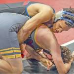 East Jeffersons Manaseh Lanphear Ramirez gets a pin against Charles Damien of Kingston at 150 pounds during the Rivals duals tournament held this weekend in Port Townsend. (Steve Mullensky/for Peninsula Daily News)