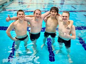 From left, the Port Angeles 200 medley relay team of Finn Thompson, Miles Van Denburg, Nolan Medgin and Thomas Jones finished second at the Swimvitational and qualified for the state 2A swim meet. (Sally Cole)