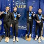 The Klahhane Xcel Gold team from left, includes Lainey DePiro, Raynee Ciarlo, Lorelei Sanders and Emily Bair. Four out of the six Xcel Gold members got 9.0 or higher in the floor exercise at the Realm Classic meet in Everett this weekend. (Klahhane Gymnastics)s)