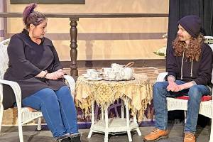 Anna Andersen, left, and Sean McDaniel, both of Port Angeles, rehearse for Enchanted April, a Port Angeles Community Players production that will be on stage through March 9.