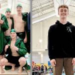 Left, the Port Angeles boys 200 freestyle relay team came in second at the West Central District III championships this weekend. Clockwise from top left are Finn Thompson, Patrick Ross, Miles Van Denburg and Thomas Jones. At right, Port Angeles Grant Butterworth won the West Central District III diving championship this weekend. (Port Angeles Swim Team)