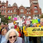 About 800 people from Jefferson and Clallam counties spill out from the steps of the Jefferson County Courthouse onto Jefferson Street in Port Townsend on Monday to take part in a National Day of Protest organized by the 50501 Movement, which stands for 50 protests, 50 states, 1 movement. (Steve Mullensky/for Peninsula Daily News)