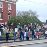 A Presidents Day rally against President Donald Trumps policies was held Monday in front of the Clallam County Courthouse. A crowd estimated between 100 to 200 people rallied on both sides of Lincoln Street. (Dave Logan/for Peninsula Daily News)