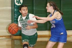 The Presidents Day Basketball Youth Tournament was held this weekend in Port Angeles with 40 teams coming from as far away as Elma, Sedro-Woolley, Belfair and Forks. Boys and girls teams had players in grades four through eight. Here, KaLeah Quilt of the seventh-grade Port Angeles girls team dribbles up the court against Shorewood. Shorewood won 22-21 on a last-second shot. (Dave Logan/for Peninsula Daily News)