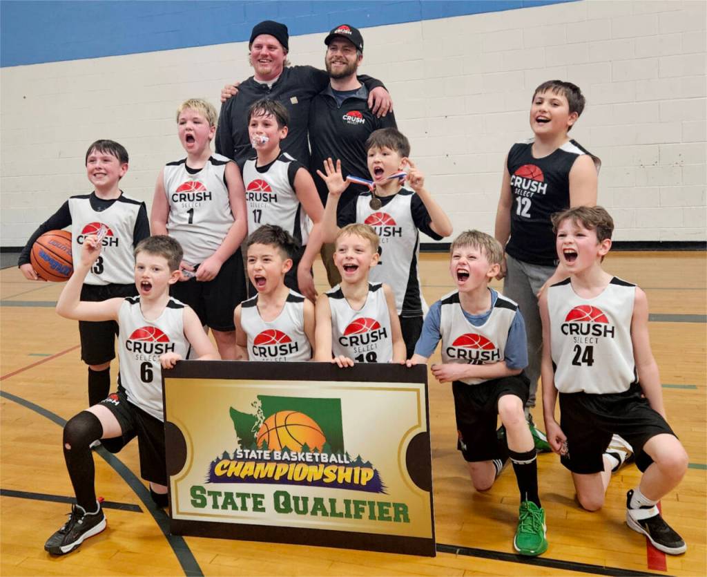 The Port Townsend Crush Select 10U basketball team won the championship in its division at the Port Angeles Presidents Day Tournament this weekend. The Crush won its championship game 28-20 against Port Angeles White and received an invitation to go to the state basketball tournament in Spokane on March 14-16. From left, top row are coaches Ryan Riggle and Jake Fulton. From left, middle row, are Wyatt Kilmer, KJ Brown, Nash Fountain, Rylan Rogers and Conner Ryan. From left, kneeling, are Conner Thacker, Jionni Escalara, Hunter Fulton, Ryker Hansen and Evan Davis. (Port Townsend Crush)
