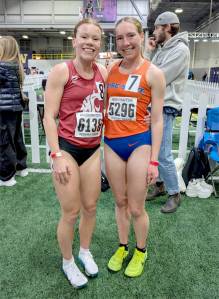 For the first time in four years, Sequim and Port Angeles rivals competed against each other on the track in college. Sequims Riley Pyeatt, left, a 2022 state champion in the 800 and 4x400, and Port Angeles Lauren Larson, who finished second in the 800, second in the 3,200 and third in the 1,600 in the state in 2019, met at the Husky Indoor Track and Field Classic in Seattle this weekend. They both competed in the 1-mile run and both finished under five minutes. Pyeatt, who ran for Abilene Christian for a couple of years but now competes for Washington State, finished 57th with a time of 4:52.23, while Larson, who now runs for Boise State, was 75th in a time of 4:54.85.