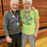 From left, the Port Angeles team of Mark Pasola and Steve Bennett took gold in the mens doubles category at the Port Angeles Pickleball tournament this weekend. (Courtesy of Steve Bennett)