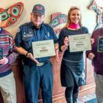 The Sequim-Dungeness Valley Chamber of Commerce honored four citizens during a luncheon at Cedars at Dungeness Golf Course. Volunteer events photographer Ron Stecker, left, was named Citizen and the Year and philanthropist George Brown, right, was presented the Bill & Esther Littlejohn Humanitarian Award. Clallam County Fire District 3 volunteer Blaine Zechenelly, second from left, and Sequim Wheelers founder Nicole Lepping, second from right, were among the Citizen of the Year finalists. (Emily Matthiessen/Olympic Peninsula News Group)