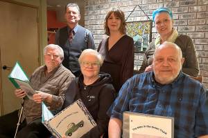 Cast members, top row from left, Rick Mischke, Rebecca Gilbert, Mary Kaye OBrien and, in front, from left, Rich Hendricksen, Susan Bjork and Steve Henrickson, at a rehearsal for The Man in the Green Truck.