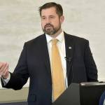 Port Angeles City Manager Nathan West gives his annual presentation on the state of the city on Wednesday to the Greater Port Angeles Chamber of Commerce at the Red Lion Hotel. (Keith Thorpe/Peninsula Daily News)