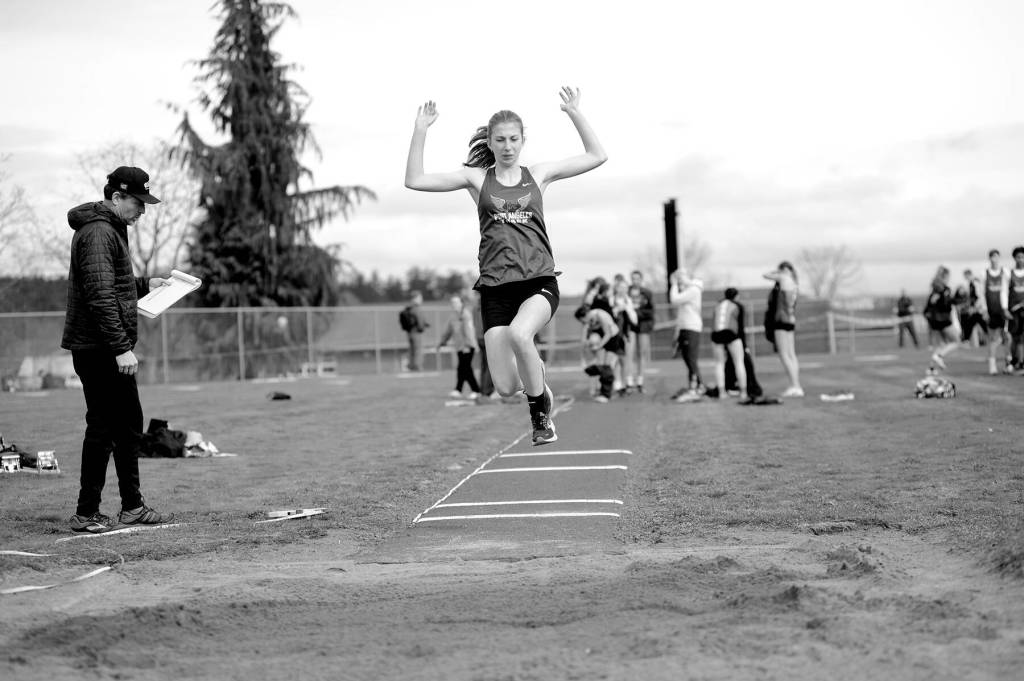 Matthew Nash/Olympic Peninsula News Group
Port Angeles freshman Madeline Walton competes in the long jump during a track and field meet held at Sequim High School. It was the first meet held on the recently resurfaced track in Sequim since 2021.