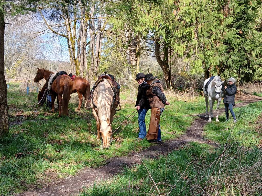 New Peninsula Chapter Stephanie Robinson and Travis Meyers, on a break with Joan Wildman and her palomino. (Photo by Donna Hollatz)