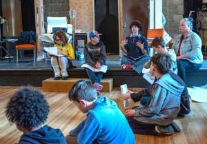 Emily Matthiessen/Olympic Peninsula News Group
From left to right, student directors Rayna Loree, Paco Struve and Charlie Medlong (mentor Carolyn Edge to the right) coach young thespians during Olympic Theatre Arts spring break theater skills program, which culminated in two Saturday performances of Stones by playwright Colleen Neuman.
From left to right, student directors Rayna Loree, Paco Struve and Charlie Medlong (mentor Carolyn Edge to the right) coach young thespians during Olympic Theatre Arts spring break theater skills program, which culminated in two Saturday performances of Stones by playwright Colleen Neuman. (Emily Matthiessen/Olympic Peninsula News Group)