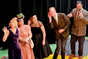 From left, Mindy Gelder, Jessica McKenzie, Rebecca Maberry, Hayden Pomeroy and Randy Powell at a rehearsal of Clue: On Stage.