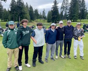 Bob Anderson
The Port Angeles boys golf team had a successful Olympic League tournament with Cale Wentz qualifying for state and four other golfers moving on to district. From left are Sky Gelder, Noah Myers, Kolby Charles, Max Gagnon, Tate Alton, Austin Worthington and Wentz.