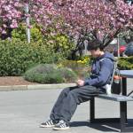 Sequim High School freshman Sebastian Greimes sits outside during a lunch break. He opposes a total ban on cell phones as he feels it could be more harmful than helpful as some students need to communicate with parents or their workplace. Sequim School District leaders plan to send out a survey in June asking families and school staffers their thoughts on cell phone usage in schools. (Matthew Nash/Olympic Peninsula News Group)