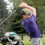KEITH THORPE/PENINSULA DAILY NEWS
Sequim's Levi Breithaupt takes a tee-off shot during Friday's Duke Streeter Invitational at Peninsula Golf Club in Port Angeles.