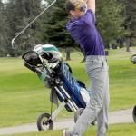 KEITH THORPE/PENINSULA DAILY NEWS Sequims Levi Breithaupt takes a tee-off shot during Fridays Duke Streeter Invitational at Peninsula Golf Club in Port Angeles.